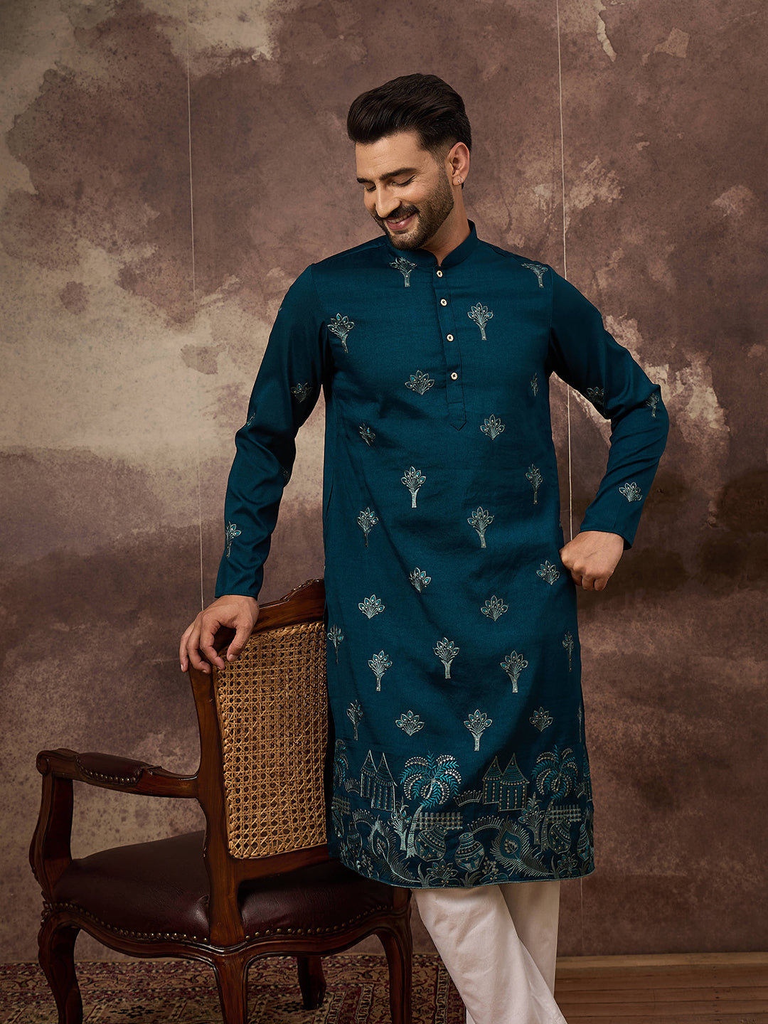 Ethnic Bay Men Blue Silk Blend Solid Embroidered Straight Kurta and Trouser-MKSET1331