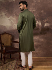 Ethnic Bay Men Green Silk Blend Solid Embroidered Straight Kurta and Trouser-MKSET1332