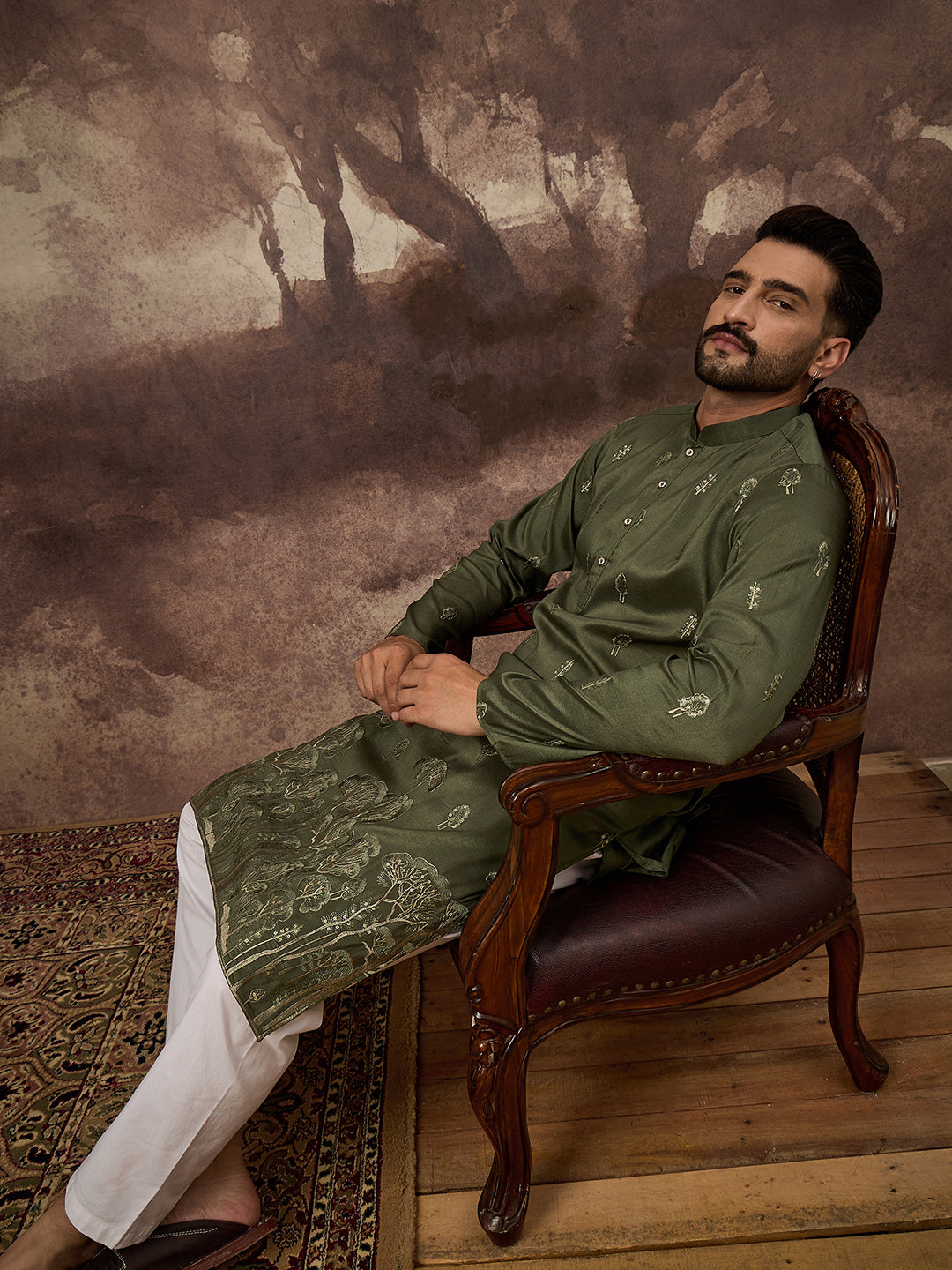 Ethnic Bay Men Green Silk Blend Solid Embroidered Straight Kurta and Trouser-MKSET1332