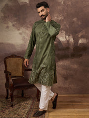Ethnic Bay Men Green Silk Blend Solid Embroidered Straight Kurta and Trouser-MKSET1332