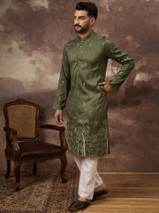 Ethnic Bay Men Green Silk Blend Solid Embroidered Straight Kurta and Trouser-MKSET1332