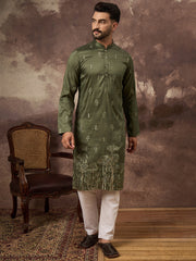 Ethnic Bay Men Green Silk Blend Solid Embroidered Straight Kurta and Trouser-MKSET1332