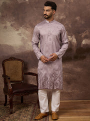 Ethnic Bay Men Lavender Silk Blend Solid Embroidered Straight Kurta and Trouser-MKSET1333