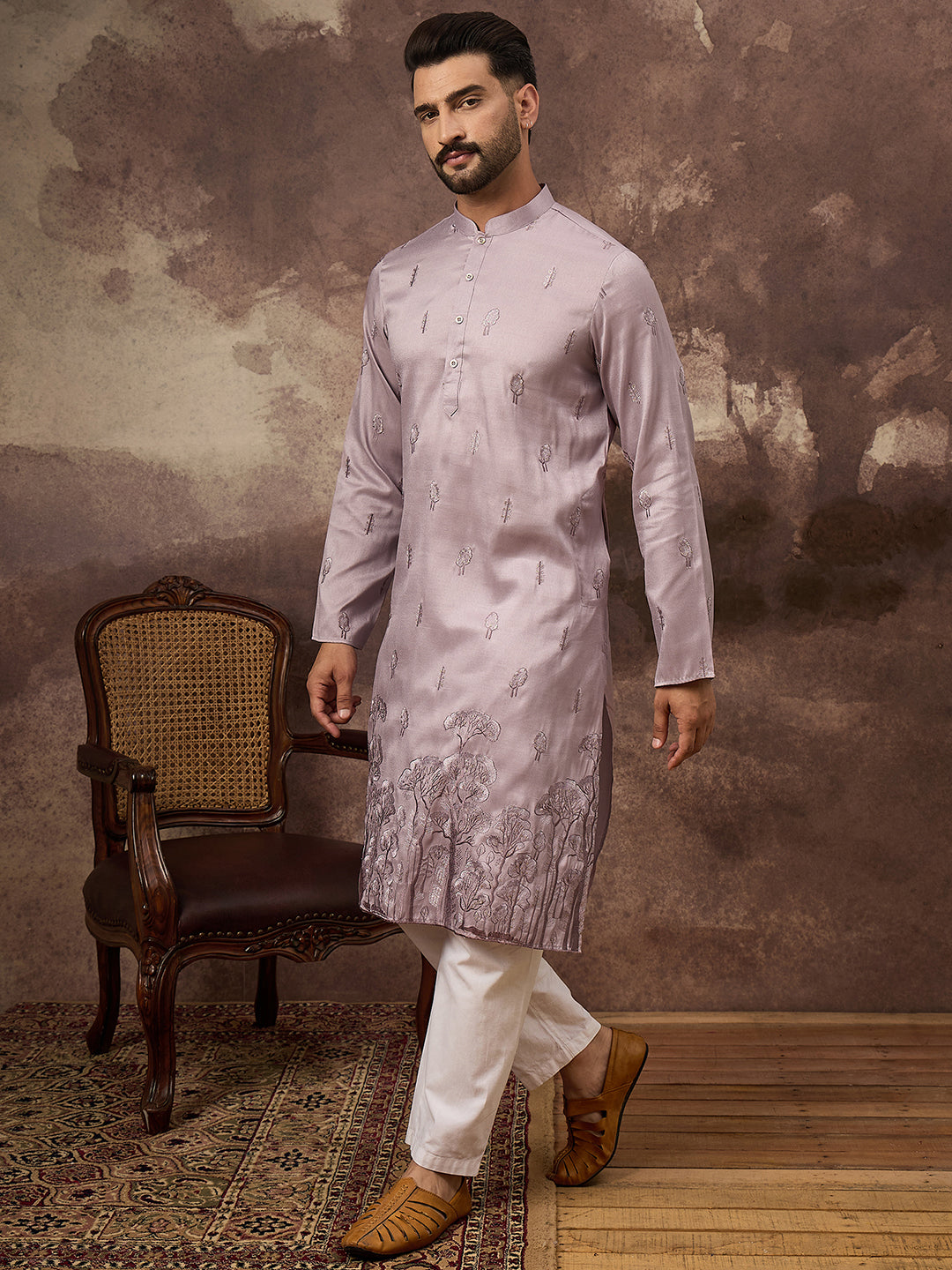 Ethnic Bay Men Lavender Silk Blend Solid Embroidered Straight Kurta and Trouser-MKSET1333