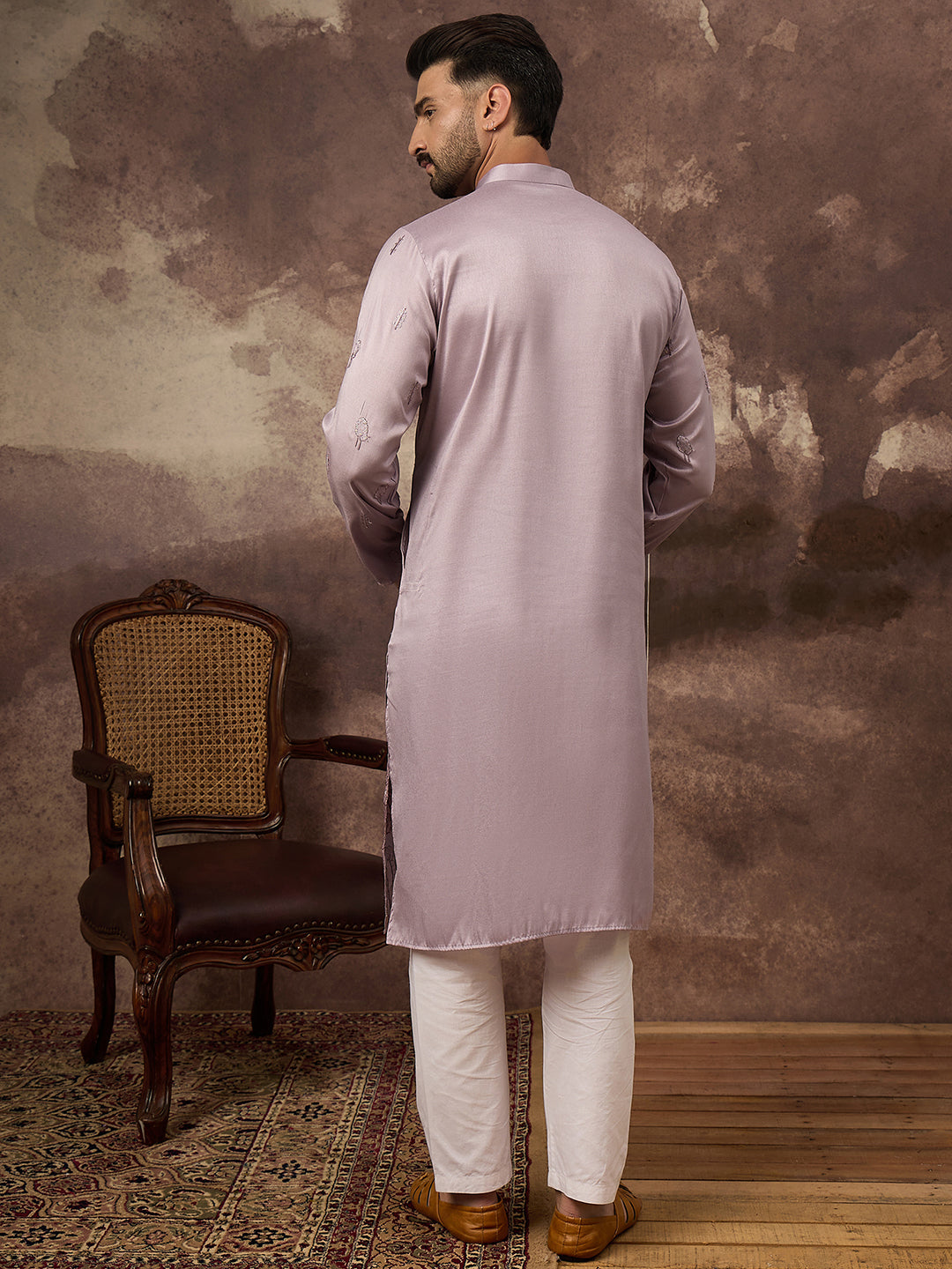 Ethnic Bay Men Lavender Silk Blend Solid Embroidered Straight Kurta and Trouser-MKSET1333