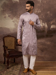 Ethnic Bay Men Lavender Silk Blend Solid Embroidered Straight Kurta and Trouser-MKSET1333