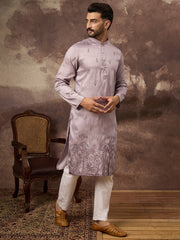 Ethnic Bay Men Lavender Silk Blend Solid Embroidered Straight Kurta and Trouser-MKSET1333