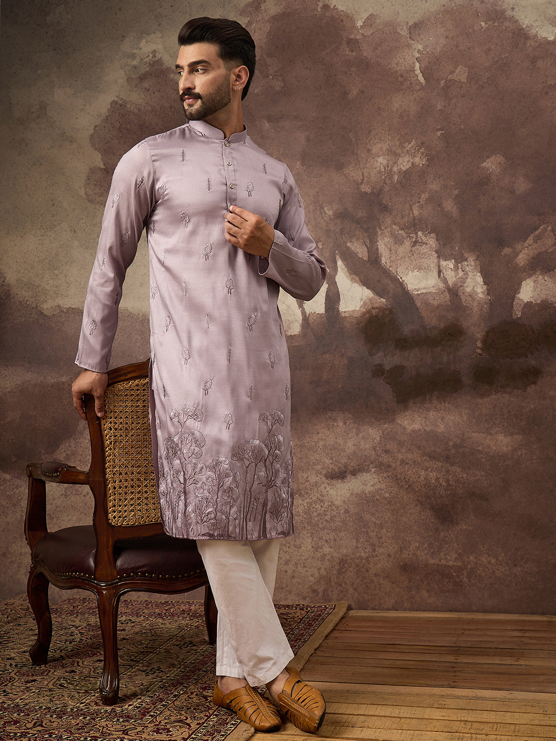 Ethnic Bay Men Lavender Silk Blend Solid Embroidered Straight Kurta and Trouser-MKSET1333