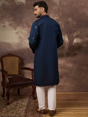 Ethnic Bay Men Navy Blue Silk Blend Solid Embroidered Straight Kurta and Trouser-MKSET1334
