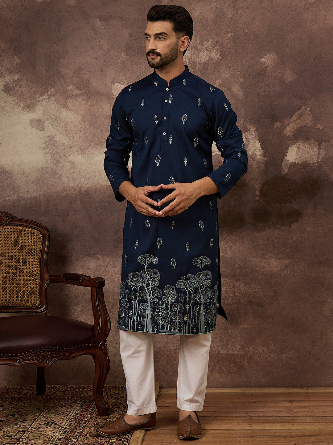 Ethnic Bay Men Navy Blue Silk Blend Solid Embroidered Straight Kurta and Trouser-MKSET1334
