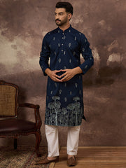 Ethnic Bay Men Navy Blue Silk Blend Solid Embroidered Straight Kurta and Trouser-MKSET1334