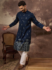 Ethnic Bay Men Navy Blue Silk Blend Solid Embroidered Straight Kurta and Trouser-MKSET1334