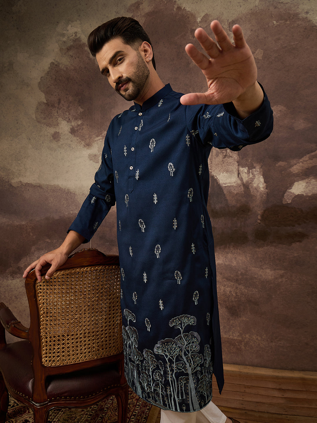 Ethnic Bay Men Navy Blue Silk Blend Solid Embroidered Straight Kurta and Trouser-MKSET1334