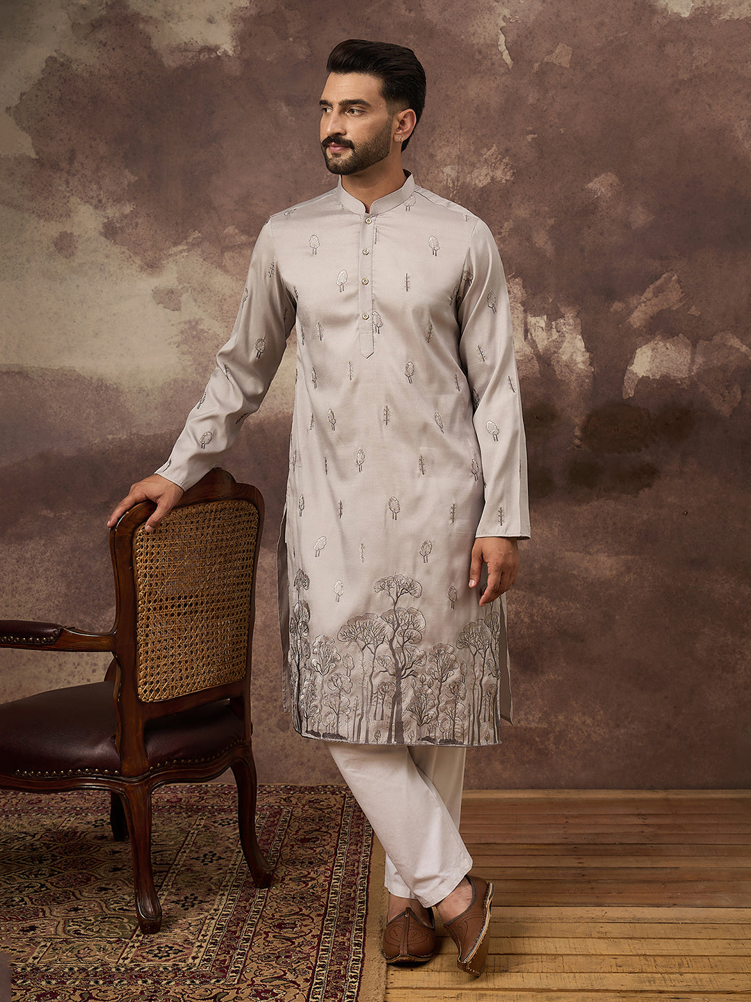 Ethnic Bay Men Grey Silk Blend Solid Embroidered Straight Kurta and Trouser-MKSET1335