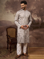 Ethnic Bay Men Grey Silk Blend Solid Embroidered Straight Kurta and Trouser-MKSET1335