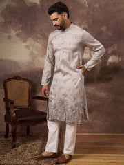 Ethnic Bay Men Grey Silk Blend Solid Embroidered Straight Kurta and Trouser-MKSET1335