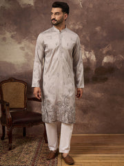 Ethnic Bay Men Grey Silk Blend Solid Embroidered Straight Kurta and Trouser-MKSET1335