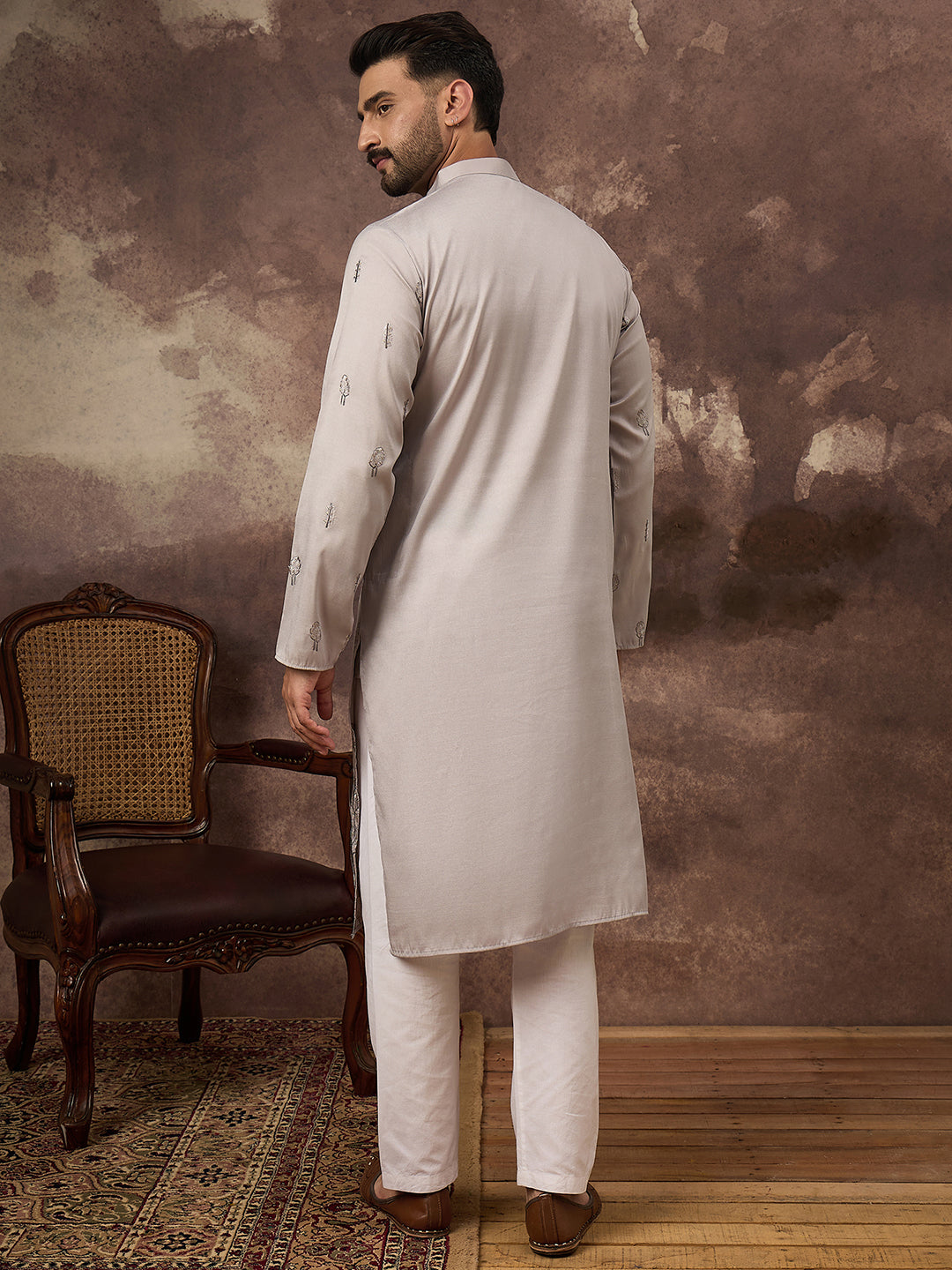 Ethnic Bay Men Grey Silk Blend Solid Embroidered Straight Kurta and Trouser-MKSET1335