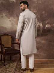 Ethnic Bay Men Grey Silk Blend Solid Embroidered Straight Kurta and Trouser-MKSET1335