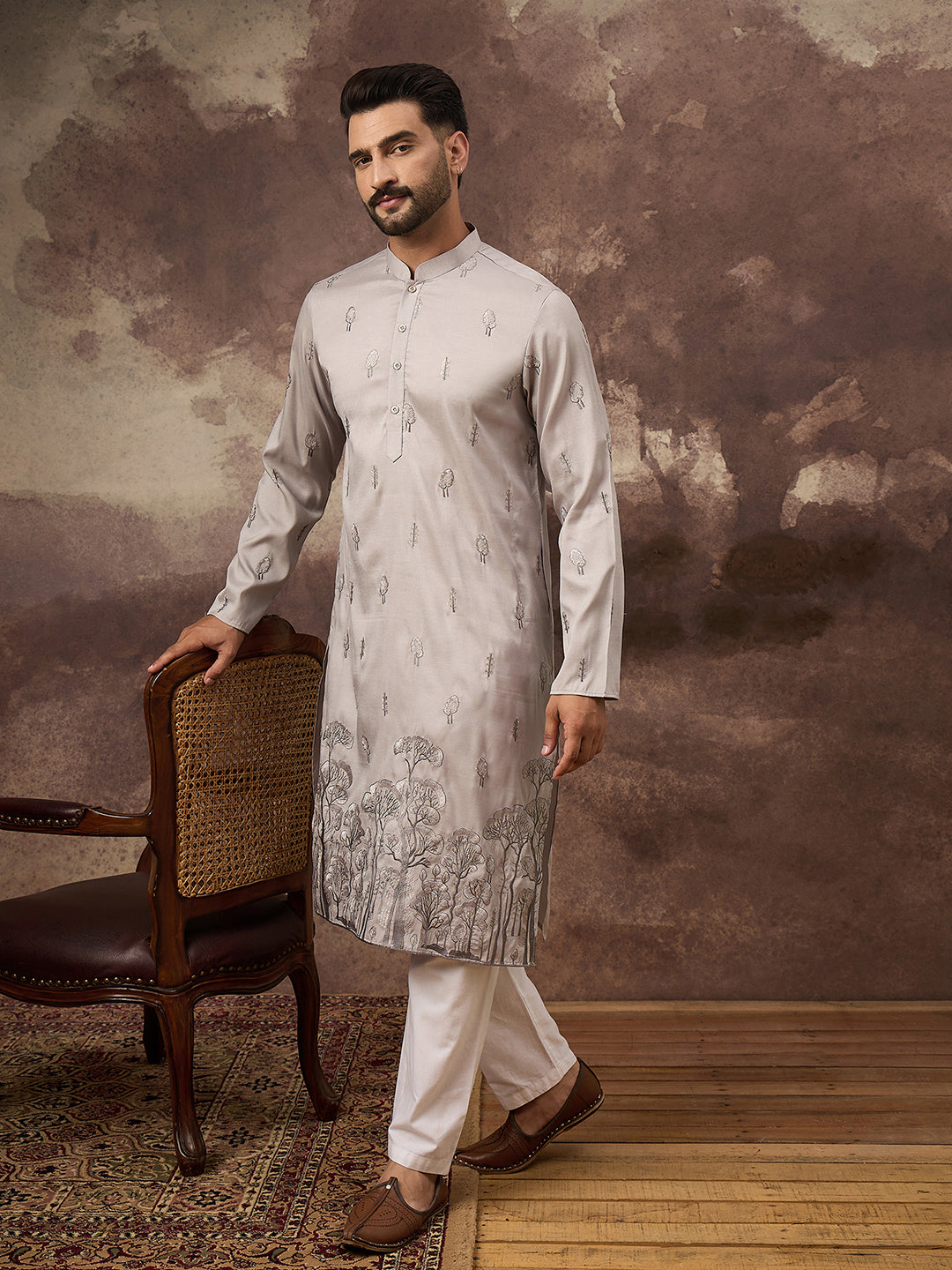 Ethnic Bay Men Grey Silk Blend Solid Embroidered Straight Kurta and Trouser-MKSET1335