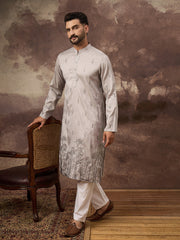 Ethnic Bay Men Grey Silk Blend Solid Embroidered Straight Kurta and Trouser-MKSET1335