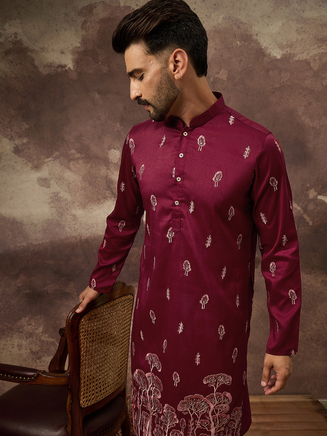 Ethnic Bay Men Maroon Silk Blend Solid Embroidered Straight Kurta and Trouser-MKSET1336