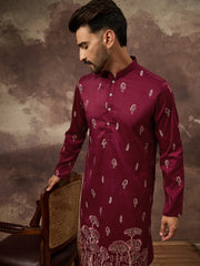 Ethnic Bay Men Maroon Silk Blend Solid Embroidered Straight Kurta and Trouser-MKSET1336