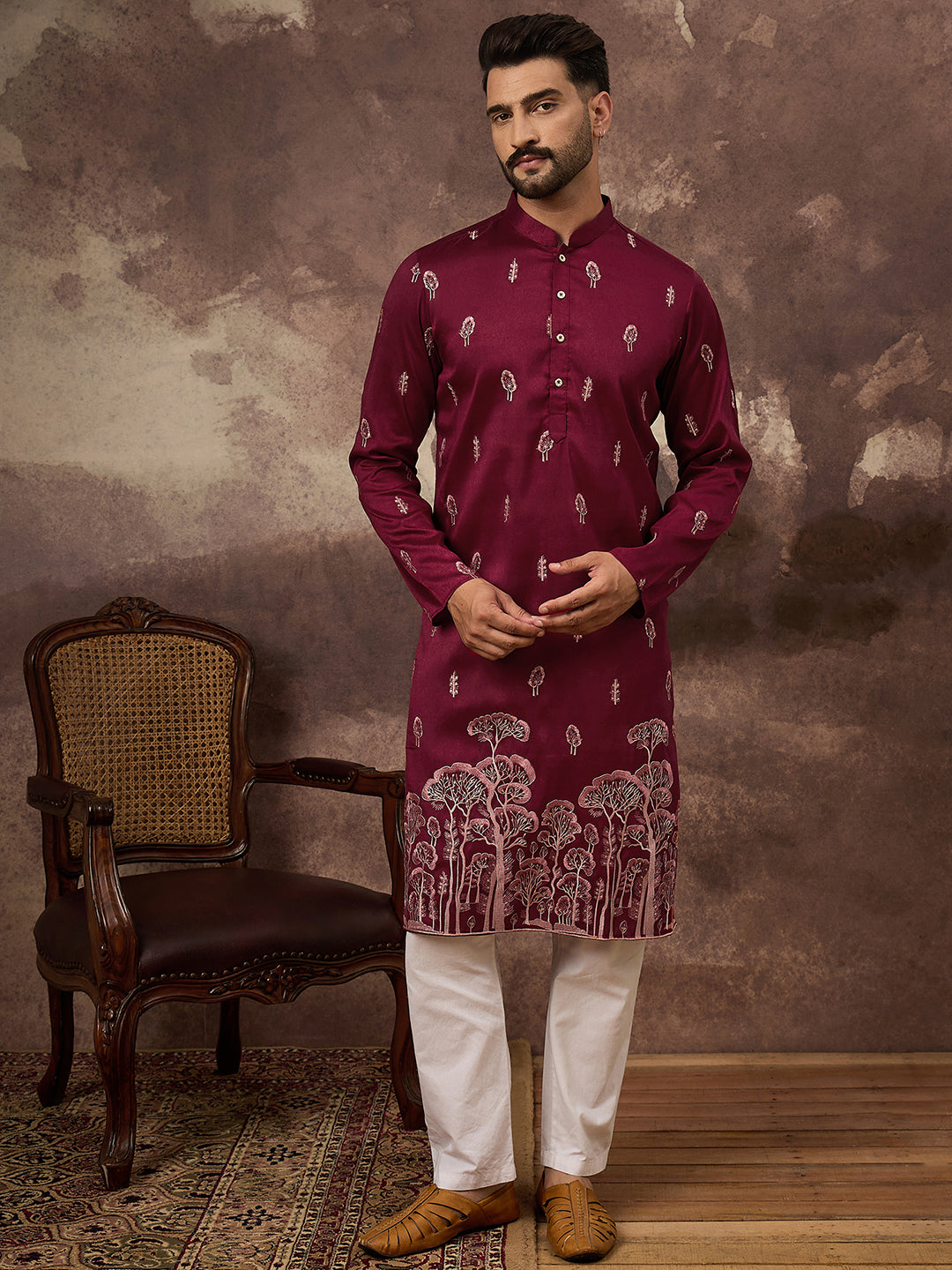 Ethnic Bay Men Maroon Silk Blend Solid Embroidered Straight Kurta and Trouser-MKSET1336