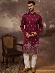 Ethnic Bay Men Maroon Silk Blend Solid Embroidered Straight Kurta and Trouser-MKSET1336