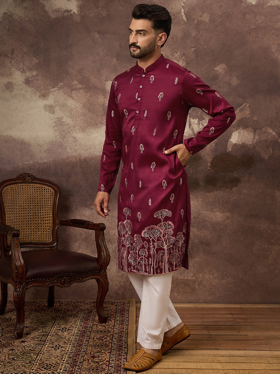 Ethnic Bay Men Maroon Silk Blend Solid Embroidered Straight Kurta and Trouser-MKSET1336