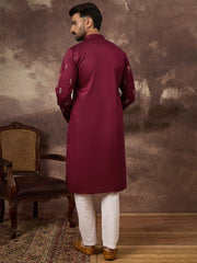 Ethnic Bay Men Maroon Silk Blend Solid Embroidered Straight Kurta and Trouser-MKSET1336