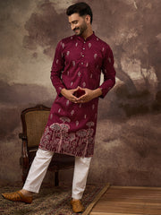 Ethnic Bay Men Maroon Silk Blend Solid Embroidered Straight Kurta and Trouser-MKSET1336