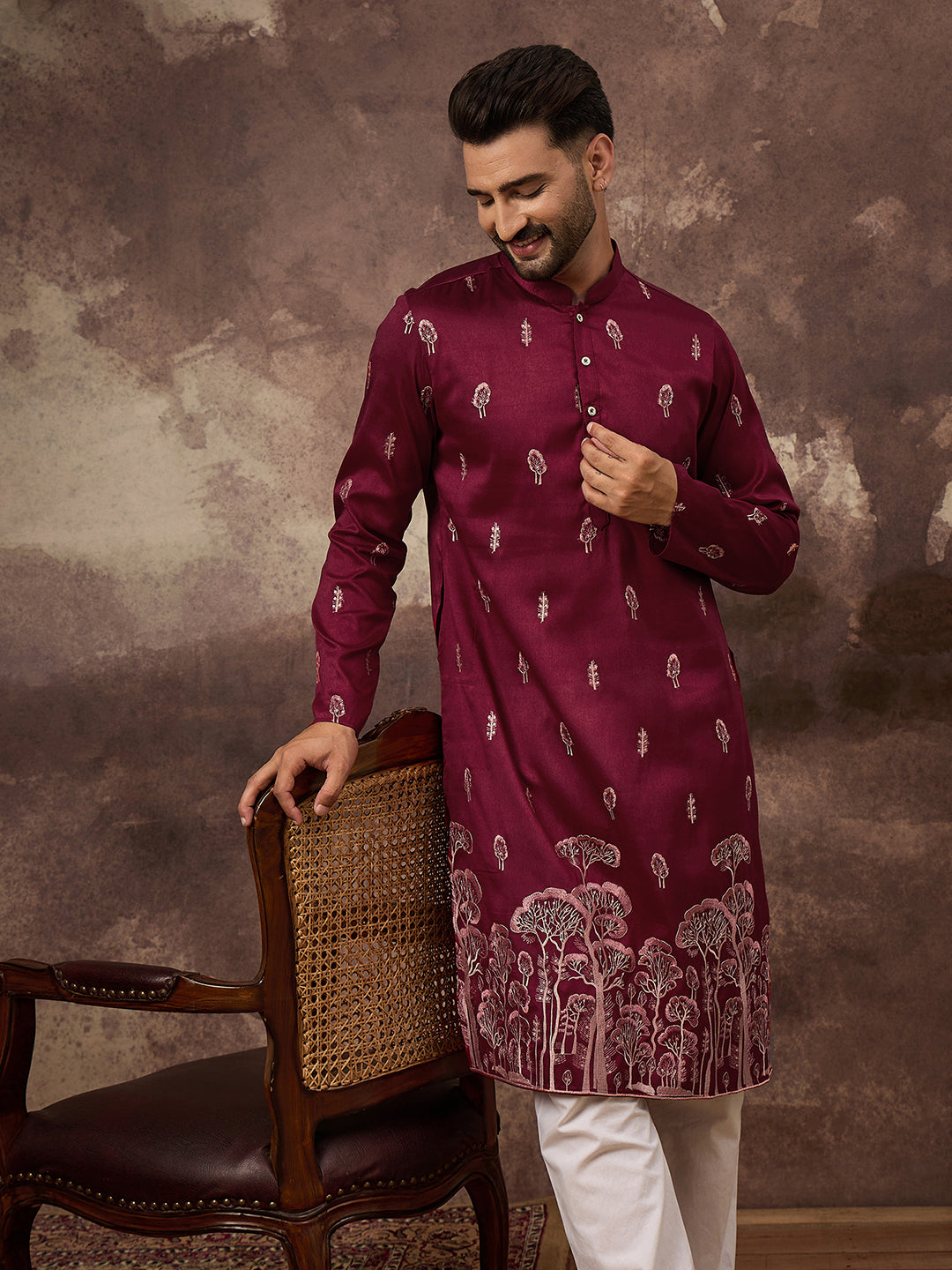 Ethnic Bay Men Maroon Silk Blend Solid Embroidered Straight Kurta and Trouser-MKSET1336