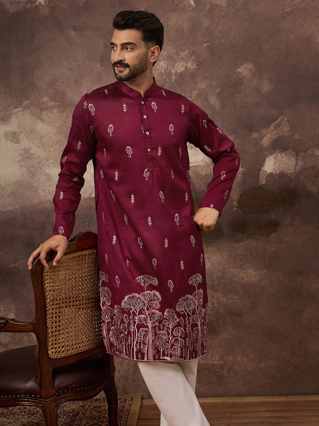Ethnic Bay Men Maroon Silk Blend Solid Embroidered Straight Kurta and Trouser-MKSET1336