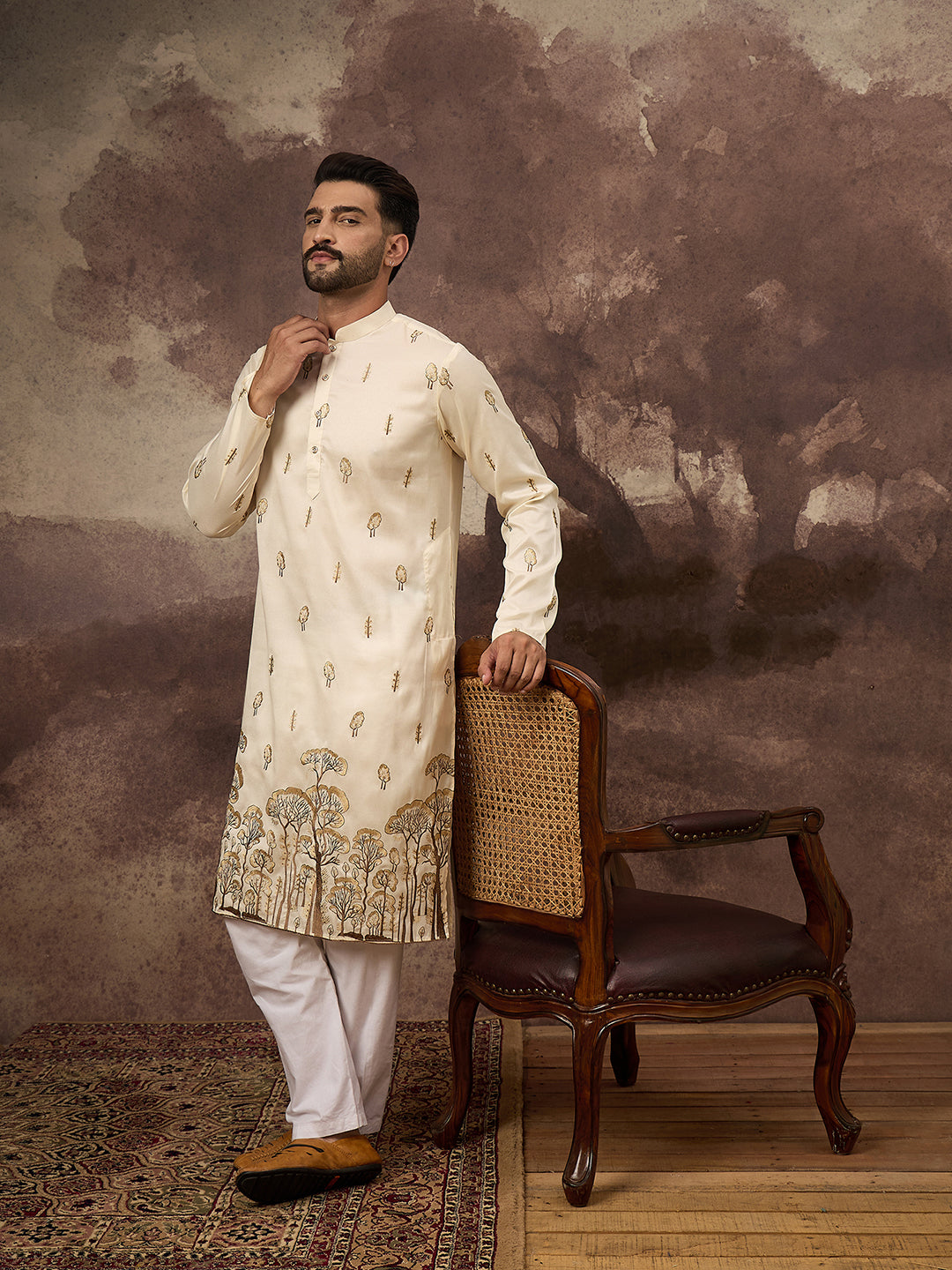 Ethnic Bay Men White Silk Blend Solid Embroidered Straight Kurta and Trouser-MKSET1337