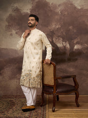 Ethnic Bay Men White Silk Blend Solid Embroidered Straight Kurta and Trouser-MKSET1337