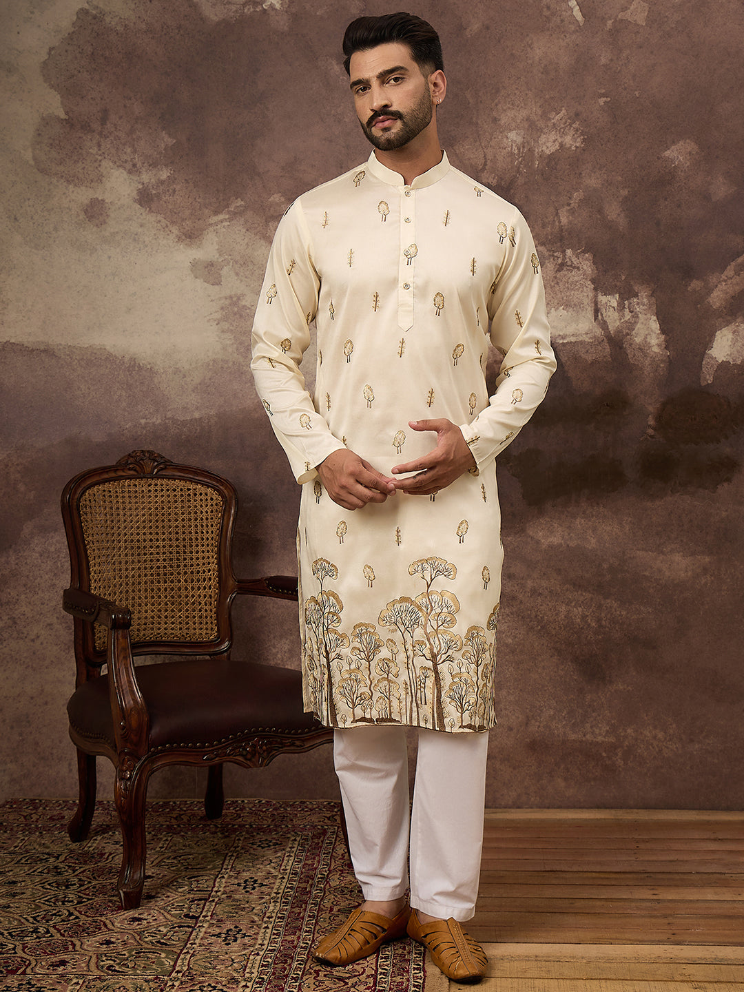 Ethnic Bay Men White Silk Blend Solid Embroidered Straight Kurta and Trouser-MKSET1337