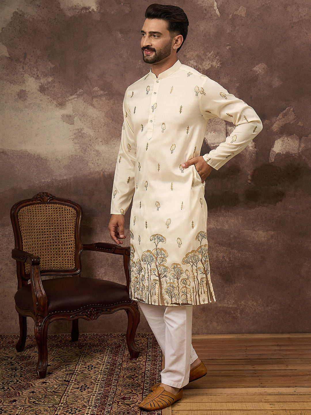 Ethnic Bay Men White Silk Blend Solid Embroidered Straight Kurta and Trouser-MKSET1337