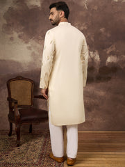 Ethnic Bay Men White Silk Blend Solid Embroidered Straight Kurta and Trouser-MKSET1337