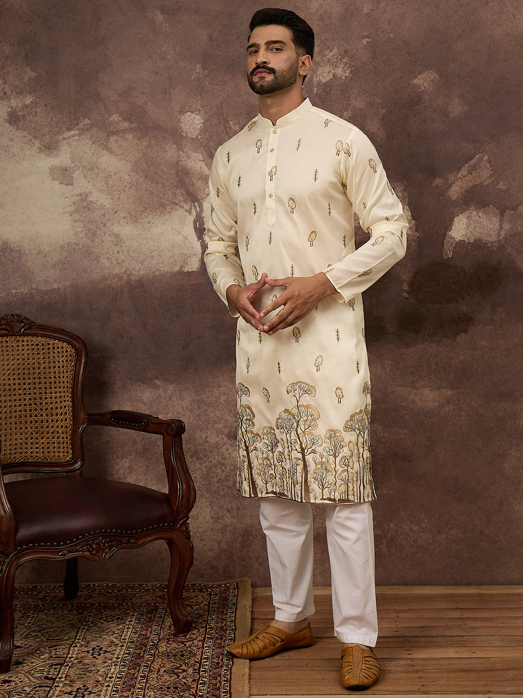 Ethnic Bay Men White Silk Blend Solid Embroidered Straight Kurta and Trouser-MKSET1337