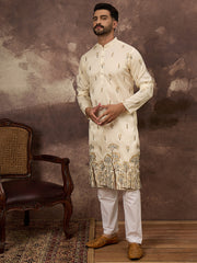 Ethnic Bay Men White Silk Blend Solid Embroidered Straight Kurta and Trouser-MKSET1337