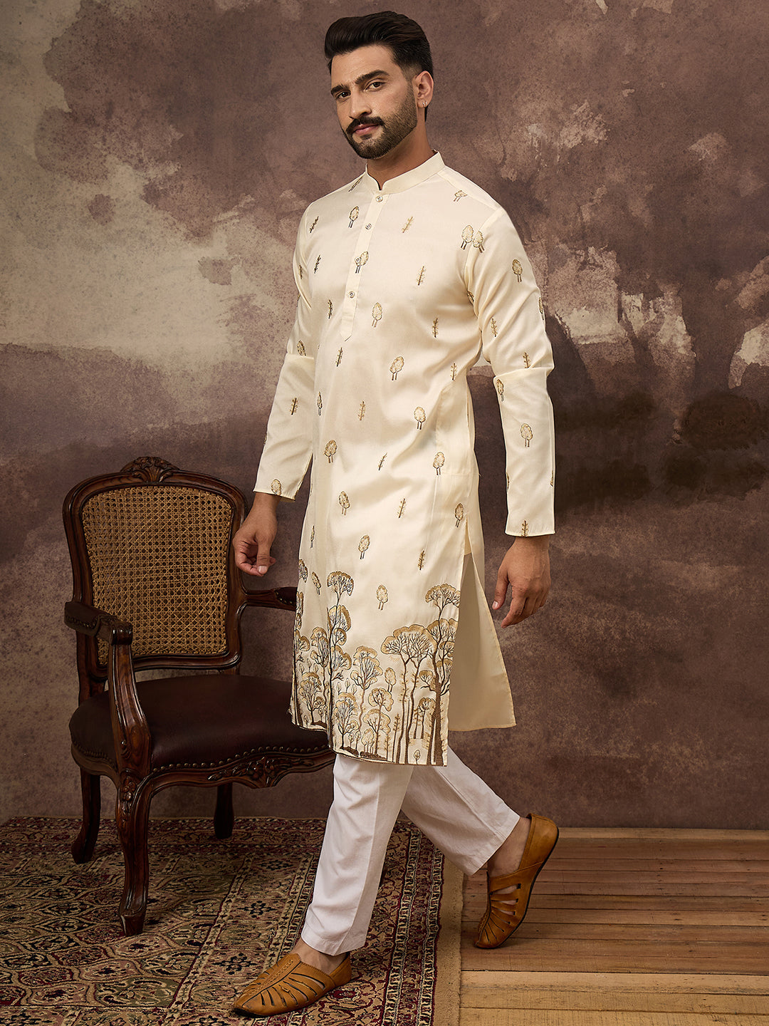 Ethnic Bay Men White Silk Blend Solid Embroidered Straight Kurta and Trouser-MKSET1337