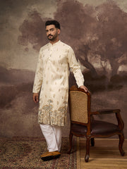 Ethnic Bay Men White Silk Blend Solid Embroidered Straight Kurta and Trouser-MKSET1337