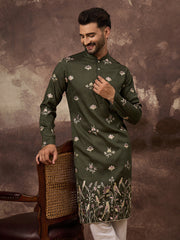 Ethnic Bay Men Green Silk Blend Solid Embroidered Straight Kurta and Trouser-MKSET1338