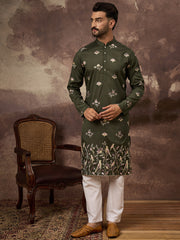 Ethnic Bay Men Green Silk Blend Solid Embroidered Straight Kurta and Trouser-MKSET1338