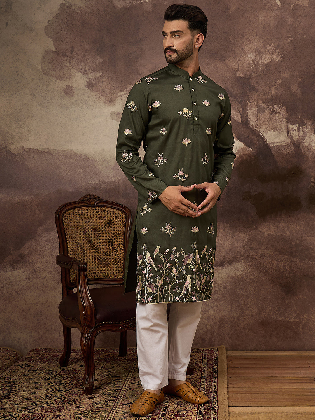 Ethnic Bay Men Green Silk Blend Solid Embroidered Straight Kurta and Trouser-MKSET1338