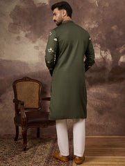 Ethnic Bay Men Green Silk Blend Solid Embroidered Straight Kurta and Trouser-MKSET1338
