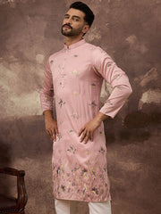 Ethnic Bay Men Peach Silk Blend Solid Embroidered Straight Kurta and Trouser-MKSET1339