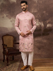 Ethnic Bay Men Peach Silk Blend Solid Embroidered Straight Kurta and Trouser-MKSET1339