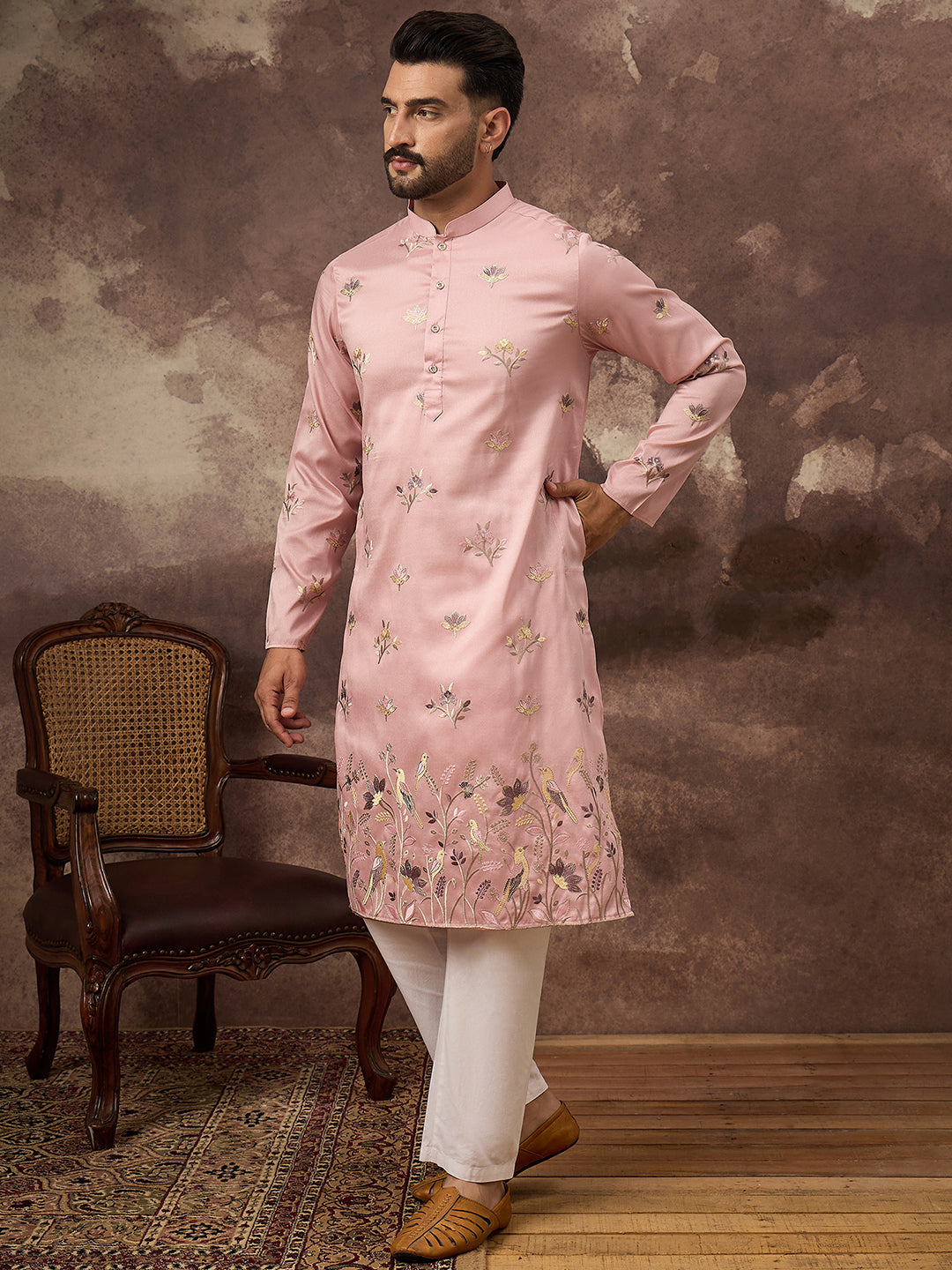 Ethnic Bay Men Peach Silk Blend Solid Embroidered Straight Kurta and Trouser-MKSET1339